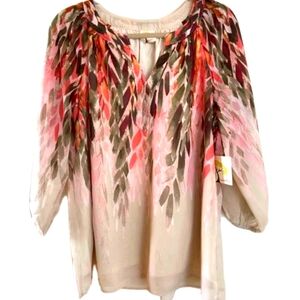 0310 Fig and Flower Cream Brown Print Sheer 3/4 Sleeve Blouse